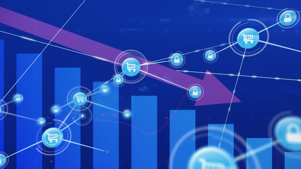 animación de una red de iconos digitales sobre el procesamiento de datos estadísticos contra un fondo azul