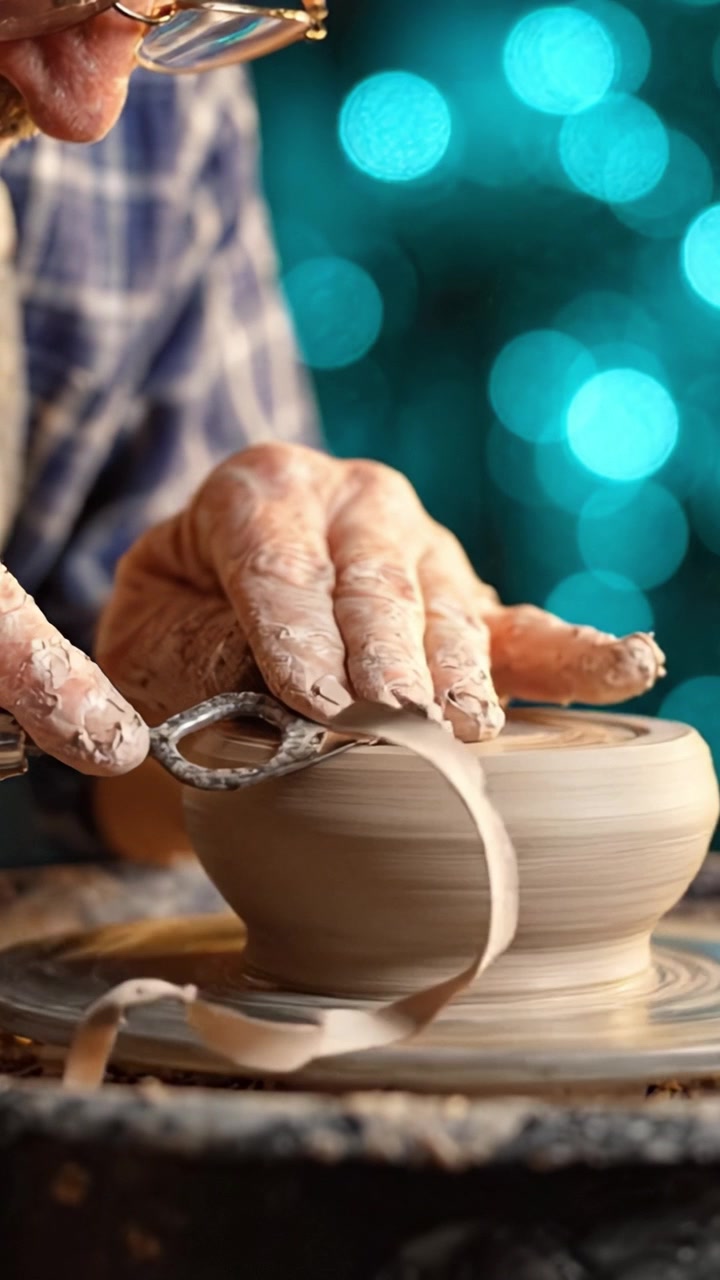 Creazione di una bellissima ciotola in ceramica: L'arte della ceramica in corso con mani esperte e un tornio su uno sfondo blu scintillante