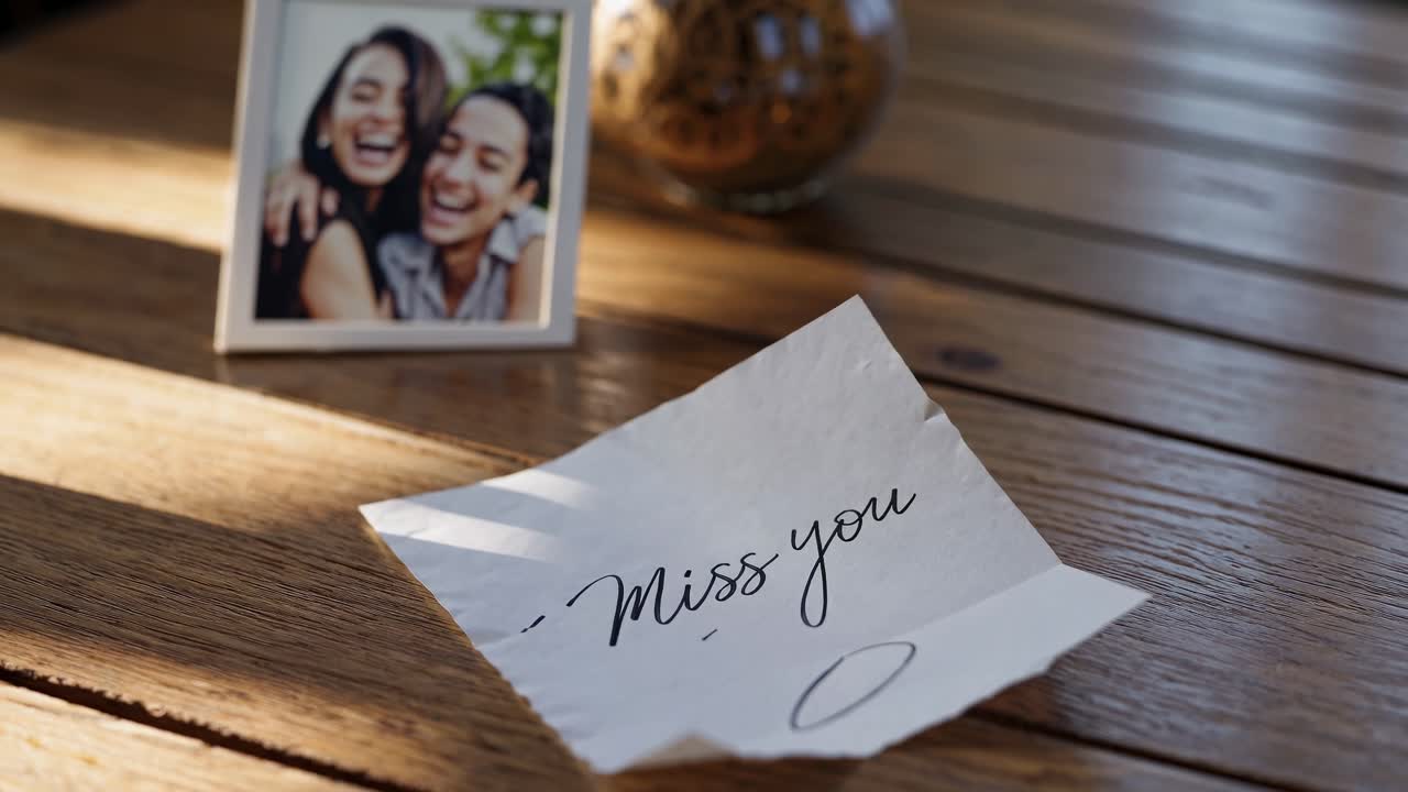 A close-up, angled shot of a handwritten 'Miss you' note on a wooden table, with a blurred photo