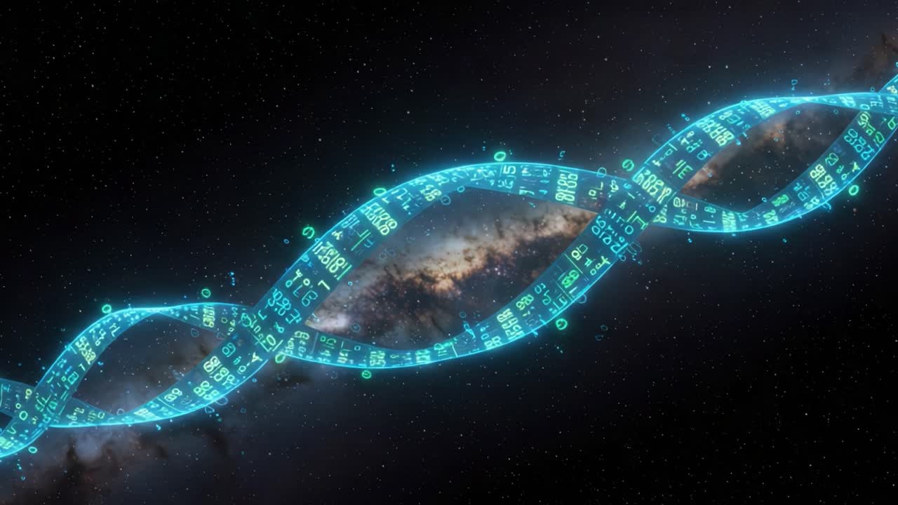 A Stunning Visualization of DNA Structure Intertwined with Cosmic Elements, Showcasing the Fusion of Biology and Astronomy in a Futuristic Display