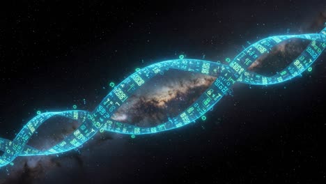 a stunning visualization of dna structure intertwined with cosmic elements, showcasing the fusion of biology and astronomy in a futuristic display