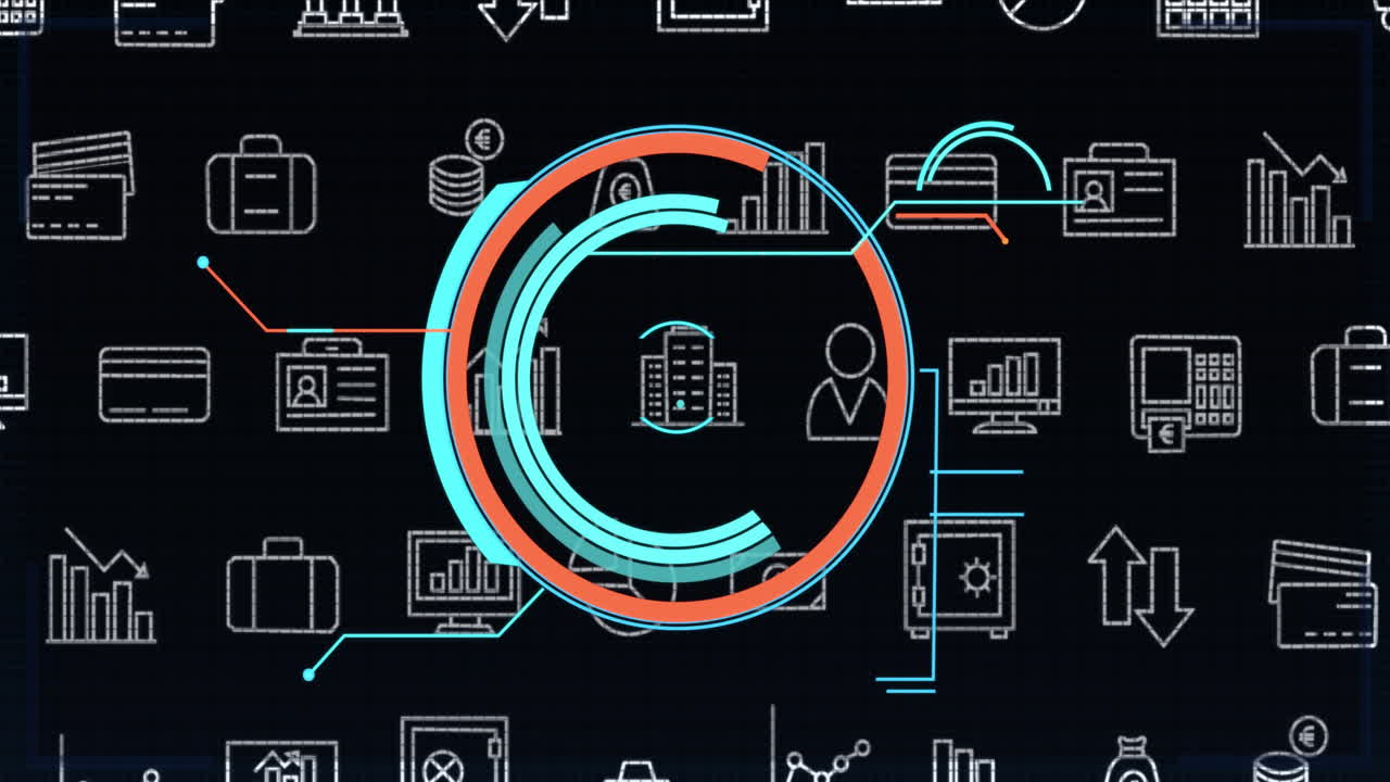 animación de iconos comerciales y escaneo de alcance sobre fondo negro