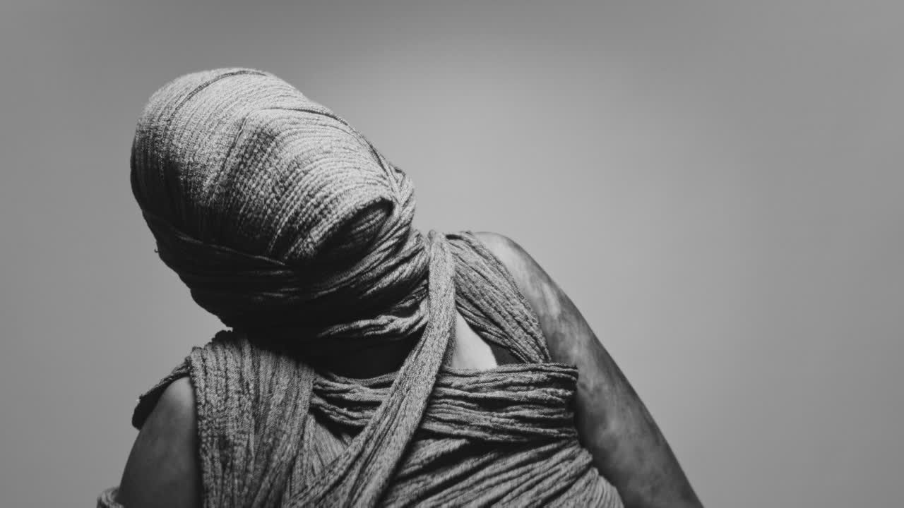 Una donna mummificata su uno sfondo luminoso si muove in modo irregolare
