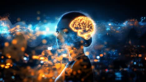 illuminated brain at night. a woman is portrayed with a glowing brain graphic, highlighting intelligence amidst a nighttime city backdrop.