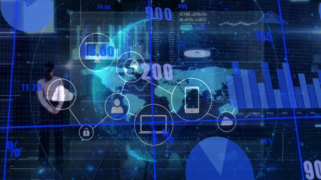Digital network and data analytics animation over global map and charts