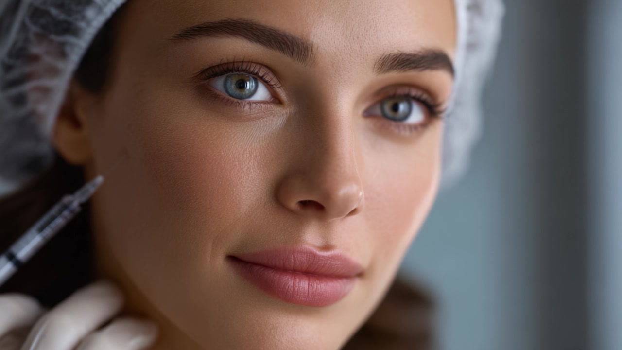 Un primo piano di una giovane donna che si prepara per una procedura cosmetica con una siringa, mettendo in risalto la sua pelle luminosa e la cuffia chirurgica in un ambiente professionale.