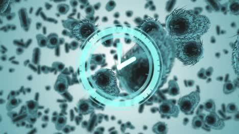 Animation-of-clock-rotating-over-covid-19-cells-and-blood-cells