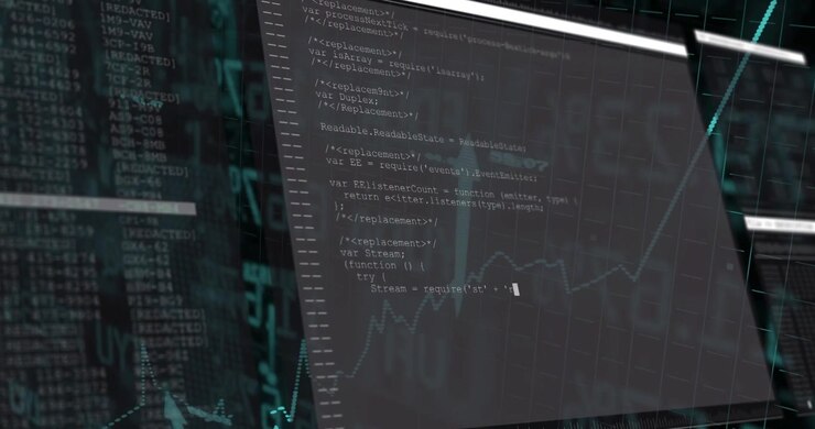 Frame2 sliding panel tilting into place revealing code scrolling over teal charts showing trends