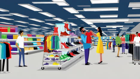 people shopping for clothes and shoes in a retail store