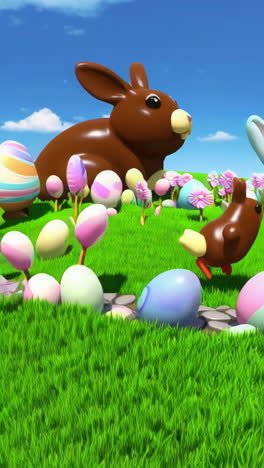 chocolate easter bunnies and eggs in a spring garden