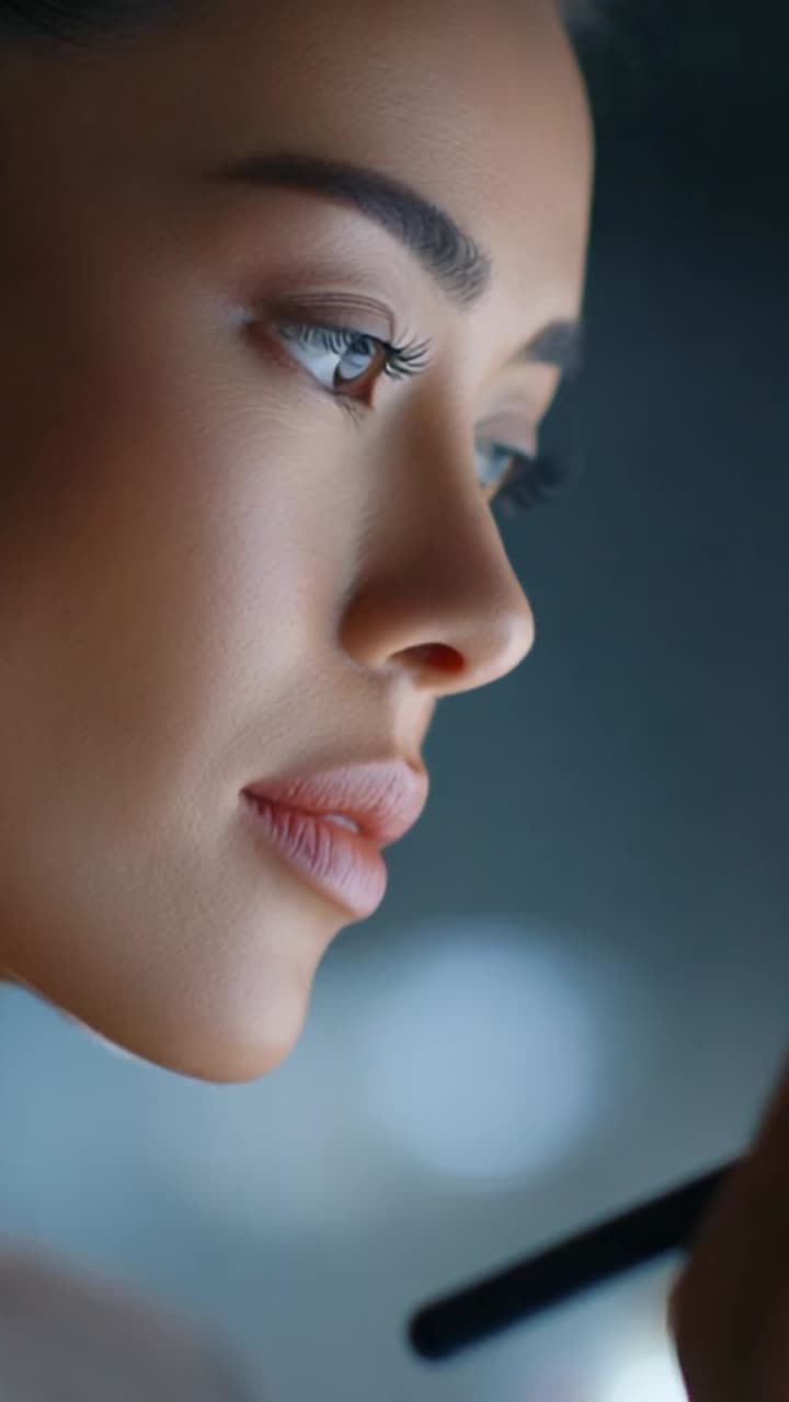 Close-up Profile of a Young Woman Engaged in Makeup Application with Precise Focus on Her Features and Expression, Highlighting Beauty and Artistry