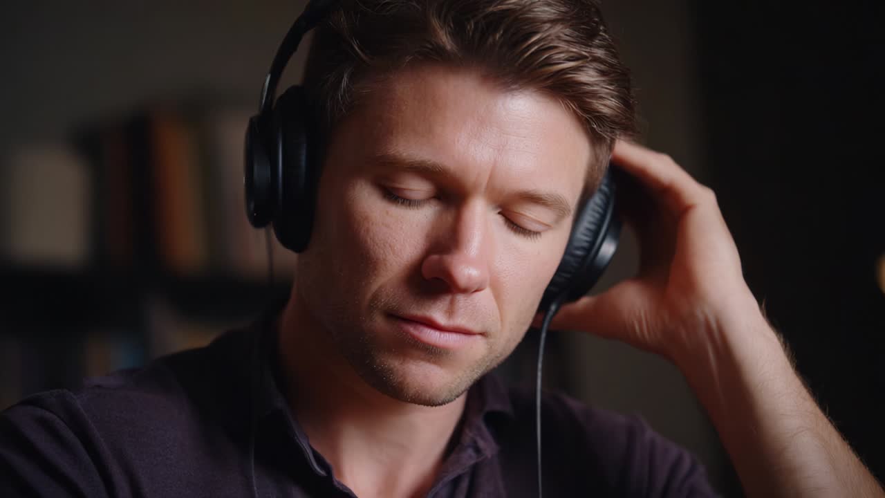 A Relaxed Individual Enjoying His Favorite Music with Headphones: Capturing the Essence of Audio Bliss and Personal Reflection in a Cozy Setting with Soft Lighting and Musical Vibes