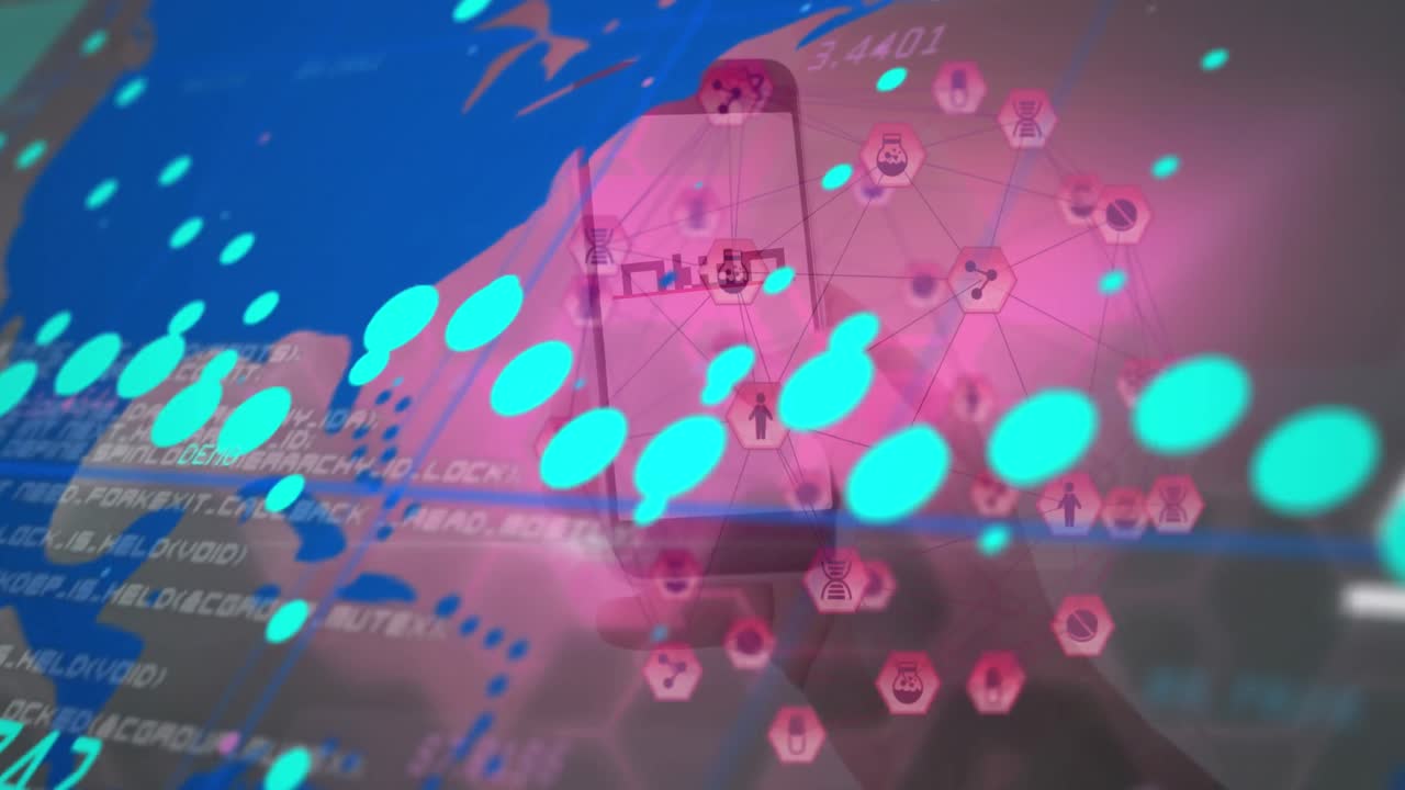 데이터 처리와 디지털 아이콘의 세계와 손에 들고 있는 스마트 폰의 인터페이스의 애니메이션