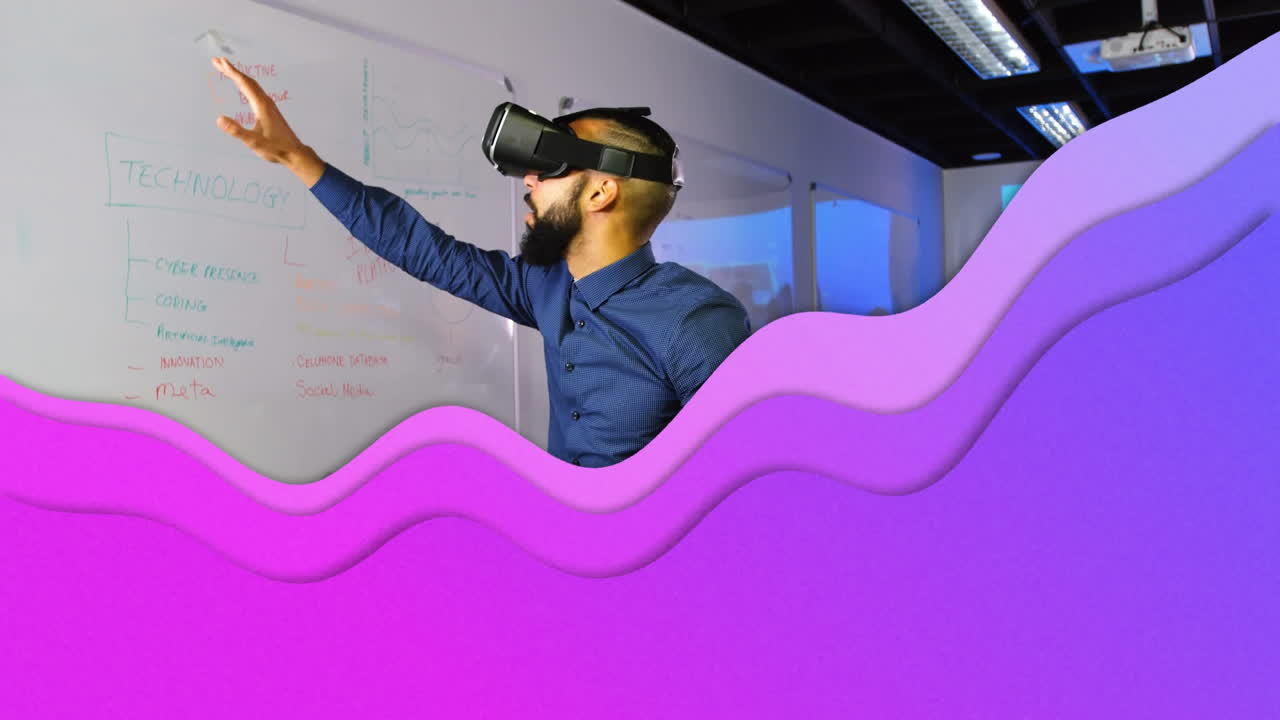 animación de ondas púrpuras sobre hombre de negocios con auriculares vr