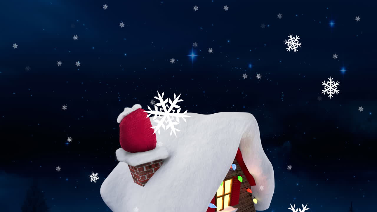 copos de nieve cayendo sobre la casa cubierta de nieve contra las estrellas brillantes azules en el cielo nocturno