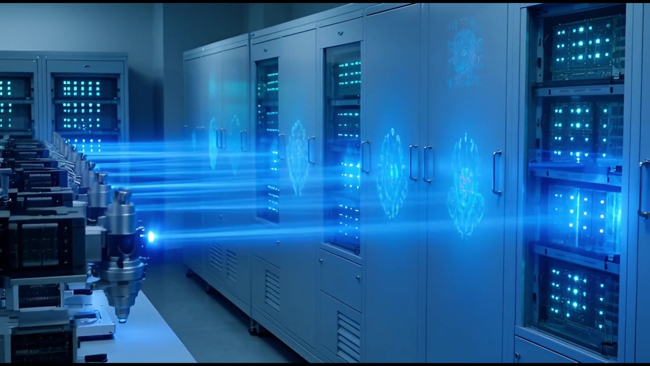 Blue Light Beams Flowing Through a Futuristic Server Room