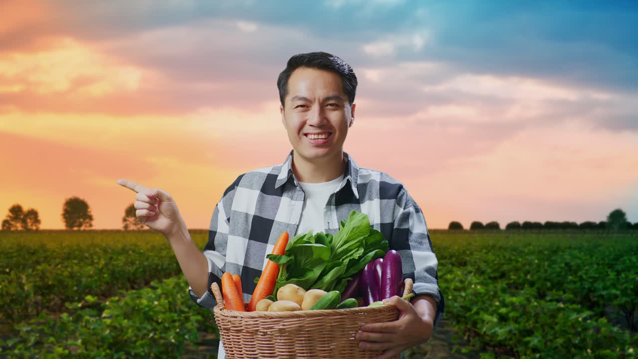 야채 바구니 를 가진 아시아 남성 농부 가  에 서 있는 동안  을 가리키는 미소