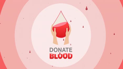 animation of donate blood text with hands and droplet logo, and drops of blood over pink circles