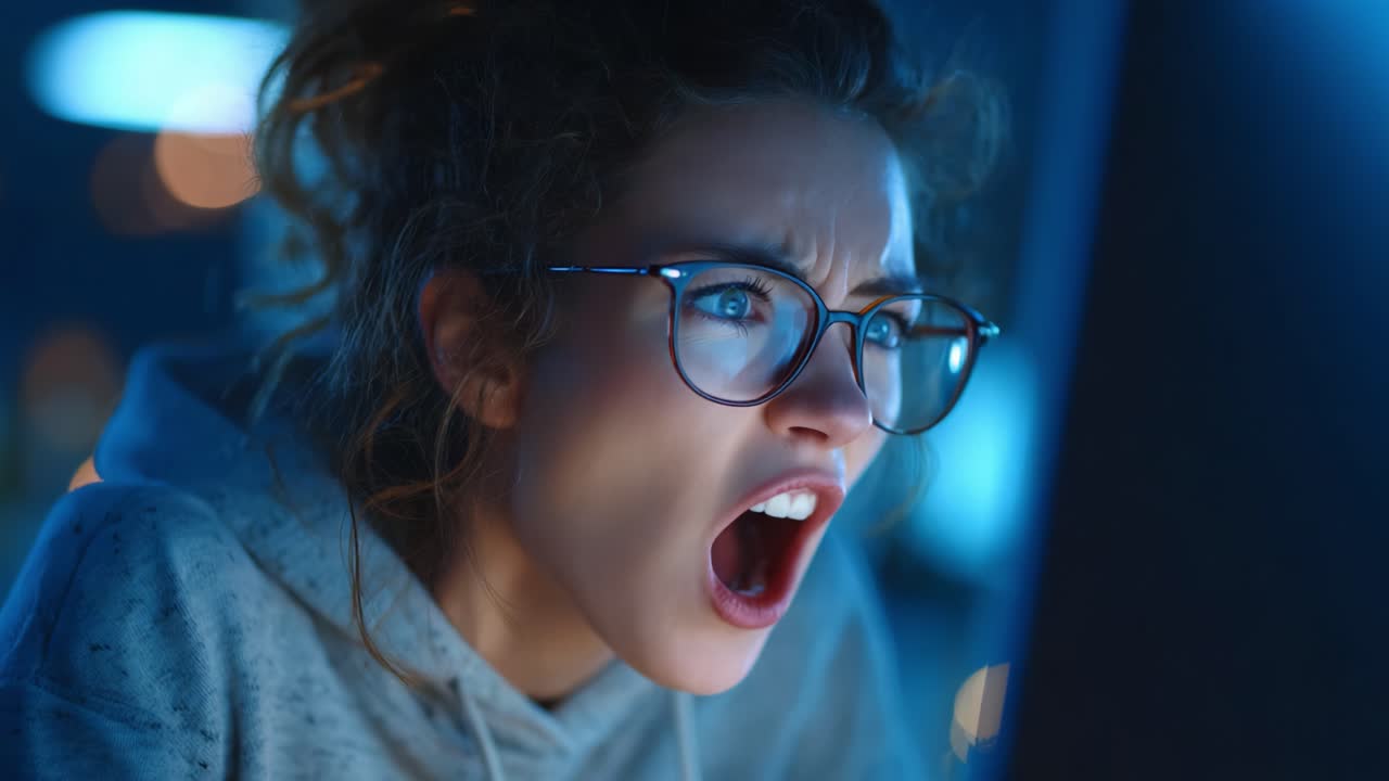 Intense Reactions: A Series of Emotionally Charged Moments Captured from a Young Woman Engrossed in a Digital Experience, Displaying Surprising Transformations in Her Expression