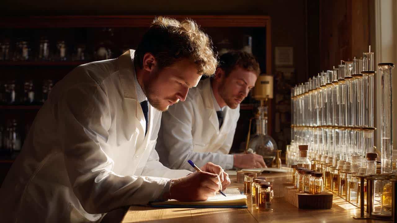 Two Scientists Engaged in Detailed Research and Experimentation in a Laboratory Filled with Glassware and Chemical Samples, Capturing the Essence of Scientific Inquiry and Collaboration