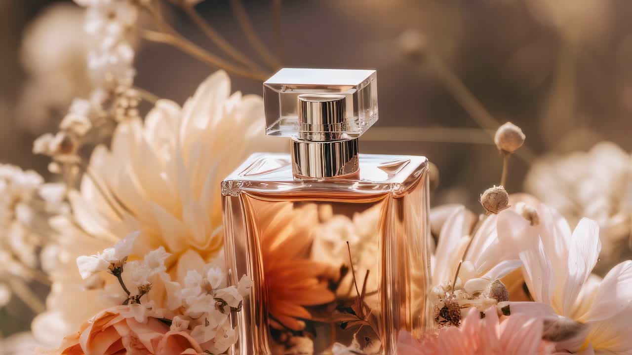 Transparent glass perfume bottle with a golden hue, nestled amongst a bouquet of pastel colored flowers, creating a luxurious and feminine atmosphere, ideal for beauty and fragrance related themes
