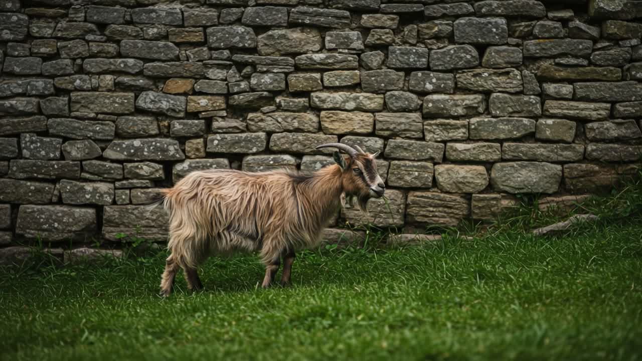Une chèvre curieuse erre librement près d'un mur de pierre, explorant son environnement avec grâce et confiance, mettant en valeur son pelage unique et sa nature joueuse