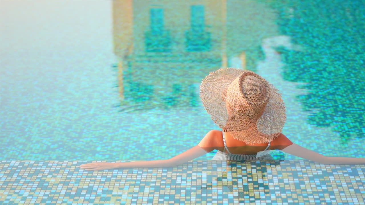 Rear view of a femele tourist leaning on the edge of a swimming pool, half submerged in the water, wearing straw sun hat and swimwear