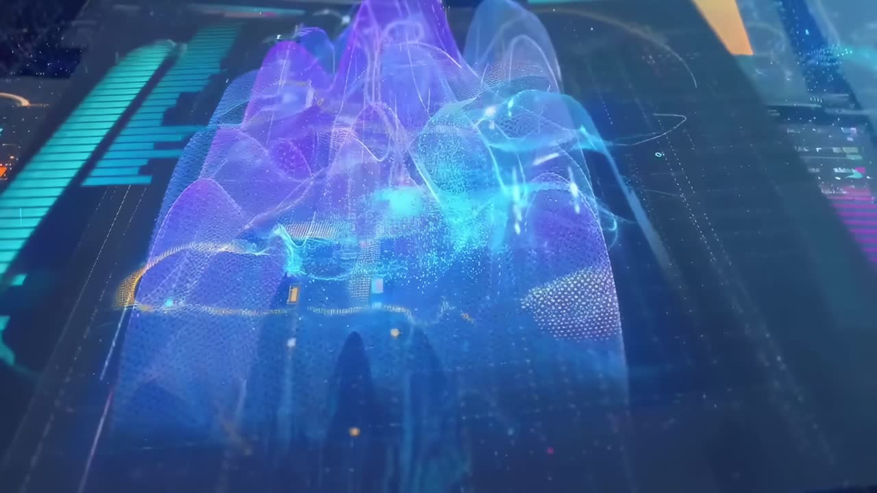 Futuristic video of digital data screens with a top-down angle, showcasing global analytics