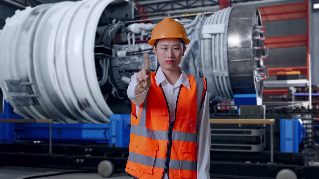 Asian Female Engineer With Safety Helmet Disapproving With No Index Finger Sign While Standing With Airplane Engine Maintenance Conducted