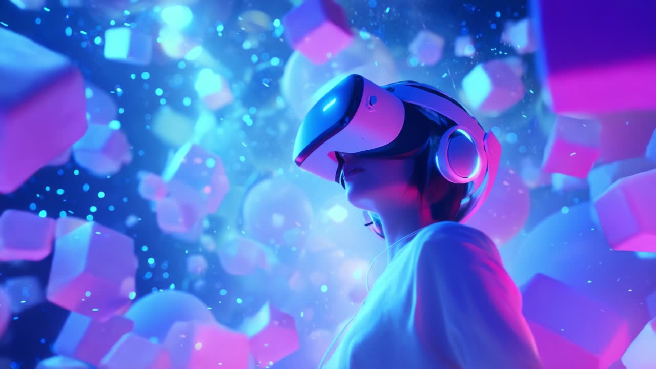 A user fully immersed in a vibrant virtual reality environment, experiencing a digital world filled with colorful geometric shapes and shimmering lights, showcasing the future of gaming and technology