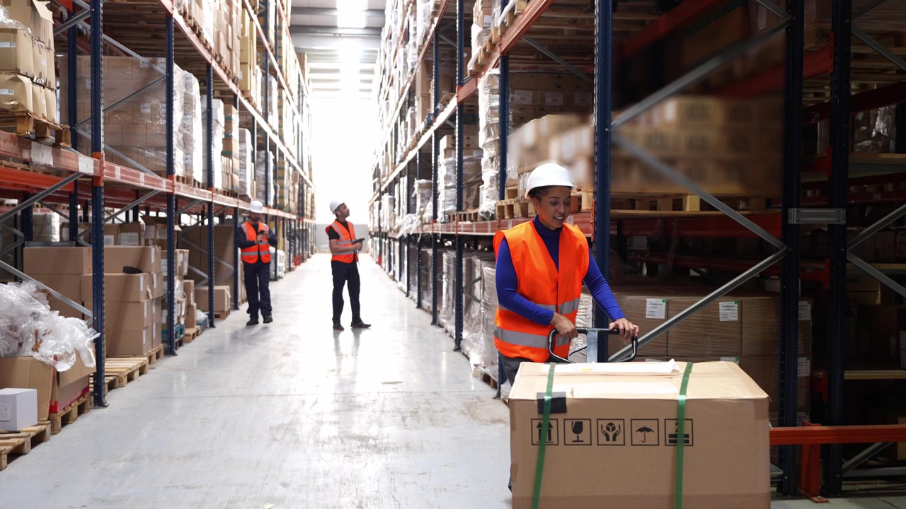 Female Warehouse Worker Pulling Pallet Jack in Distribution Center