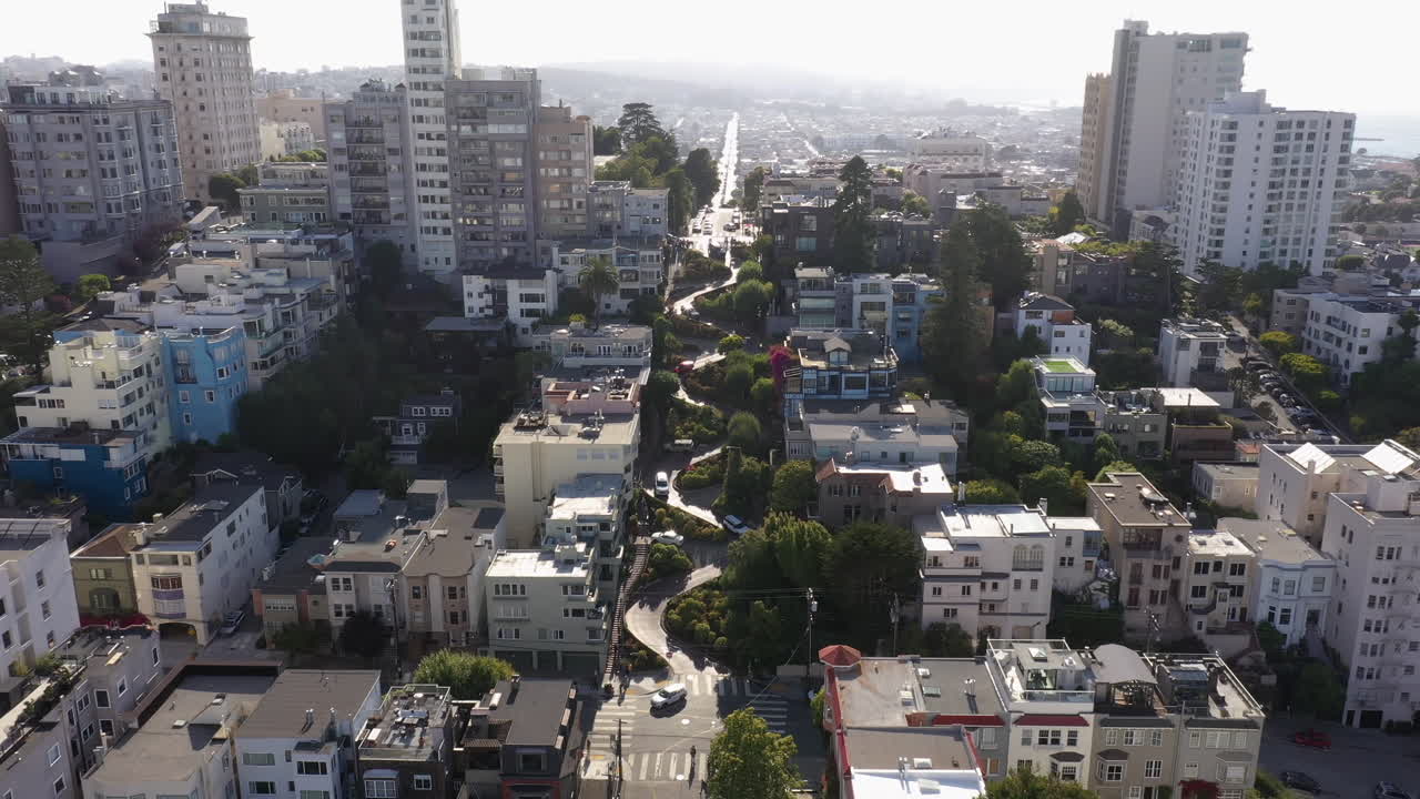 Steep Hairpin Turns Of Lombard Street In San Francisco City In California, USA. - aerial shot