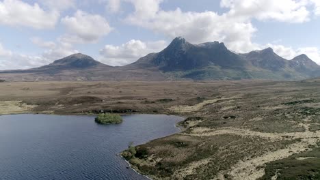 Aerial-travelling-over-a-loch-and-heath-moorland-with-the-grand-mountain-known-as-Ben-Loyal-in-the-background