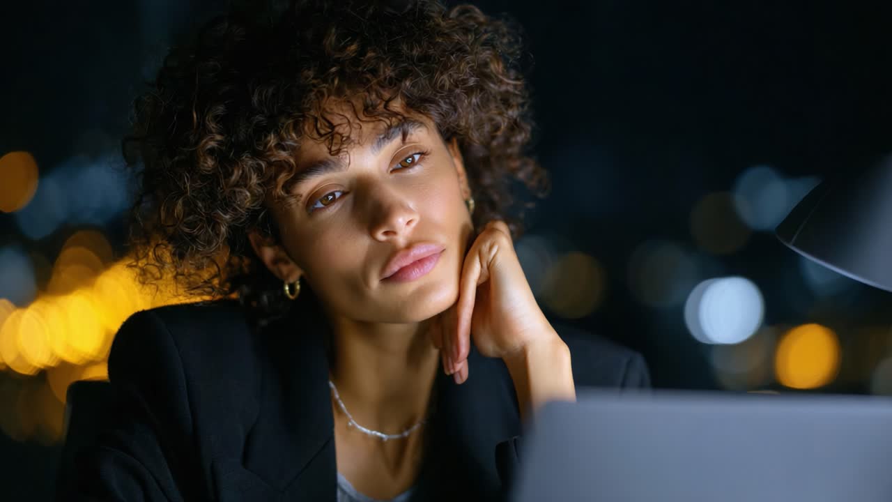 Contemplative Moment: A Young Professional Reflects on Her Work During a Late Evening, Illuminated by Soft Laptop Light Against a City Backdrop