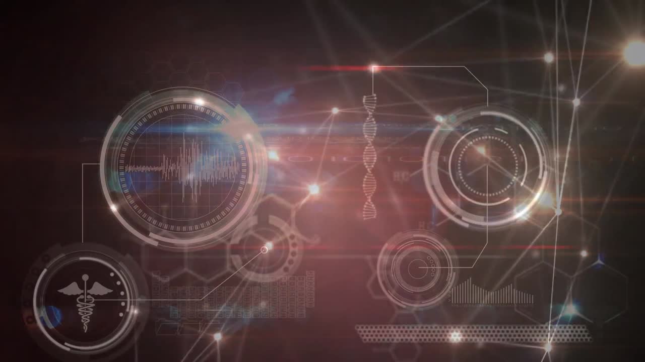 Animation of network of connections over data processing on black background