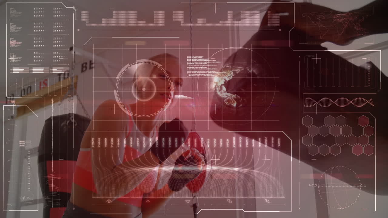 Animation of data processing over woman boxing in gym