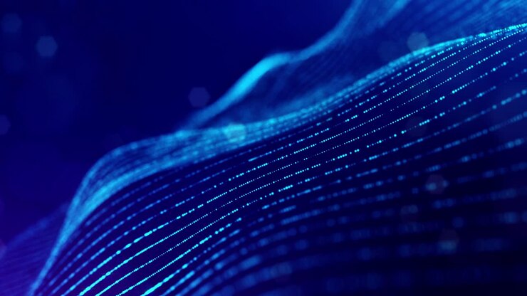 Sfondo 3D in loop, concetto di flusso di dati, spazio digitale sci-fi. Campo blu ad alta tecnologia con particelle luminose che formano linee e onde superficiali. Flusso di informazioni hi-tech, blockchain, visualizzazione di big data. DOF