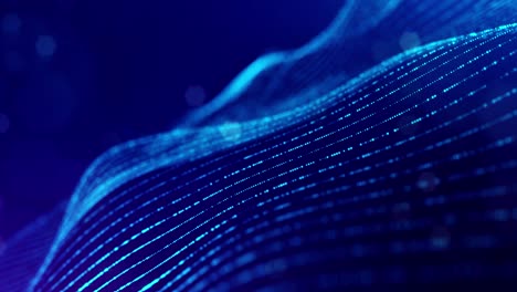 3d en bucle bg concepto de flujo de datos, espacio digital de fondo de ciencia ficción. campo azul de alta tecnología con partículas de brillo forman líneas y ondas de superficie. flujo de información de alta tecnología, blockchain, visualización de bigdata. dof