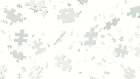 hundreds of puzzle pieces are flying around in front of the camera.