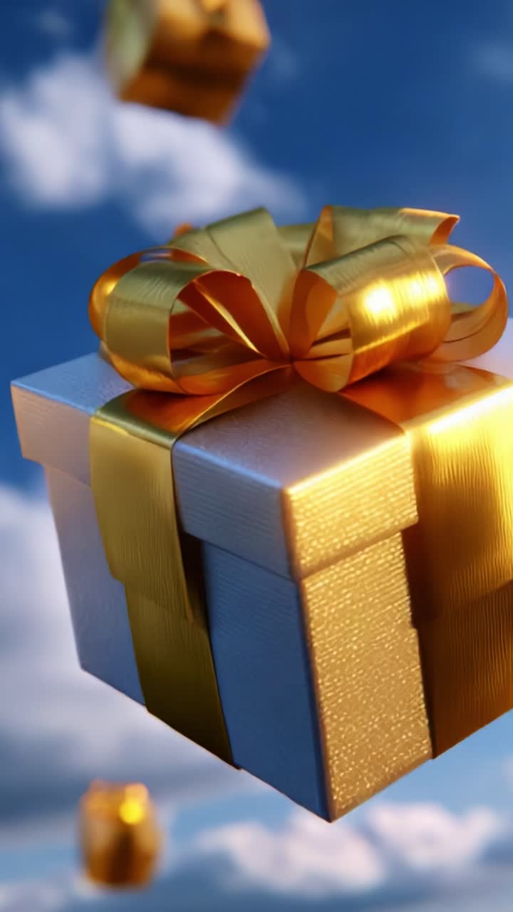A visually stunning celebration of joy and surprise, showcasing beautifully wrapped gift boxes with vibrant golden ribbons floating against a backdrop of fluffy white clouds in a brilliant blue sky