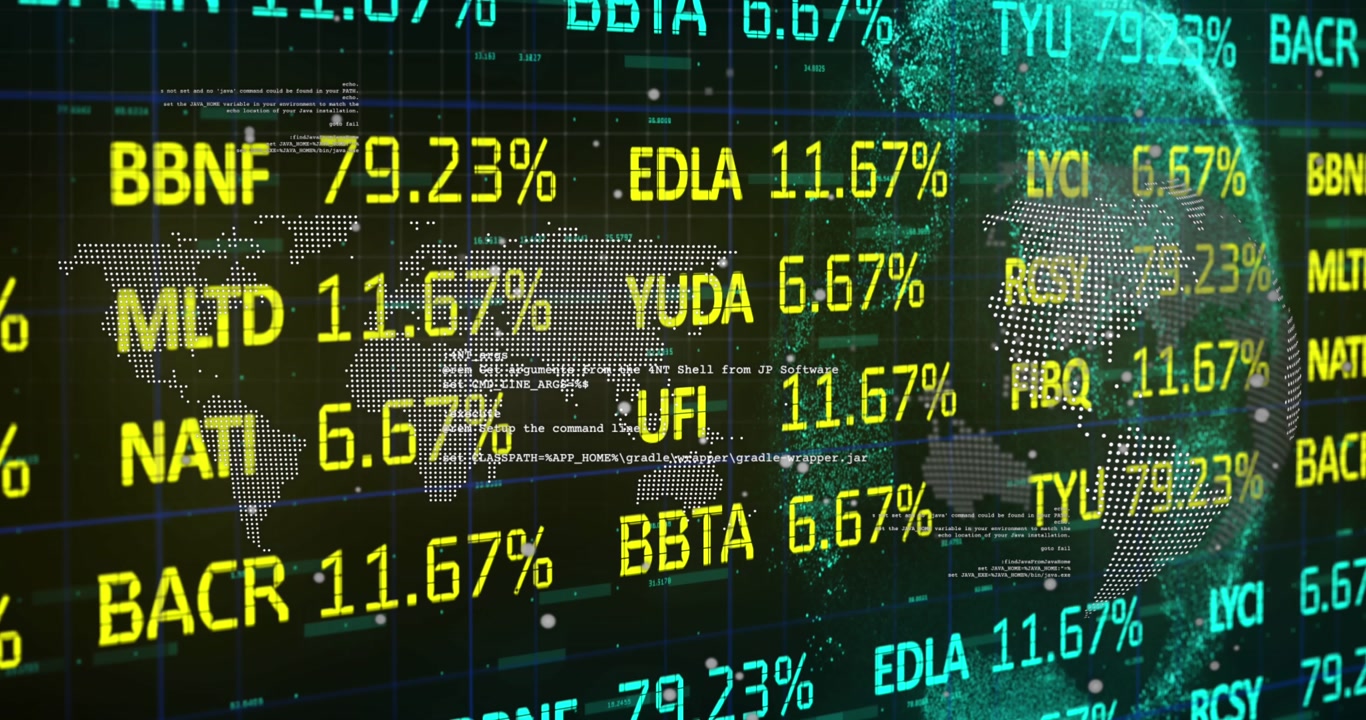 Animation of financial data processing over dark background