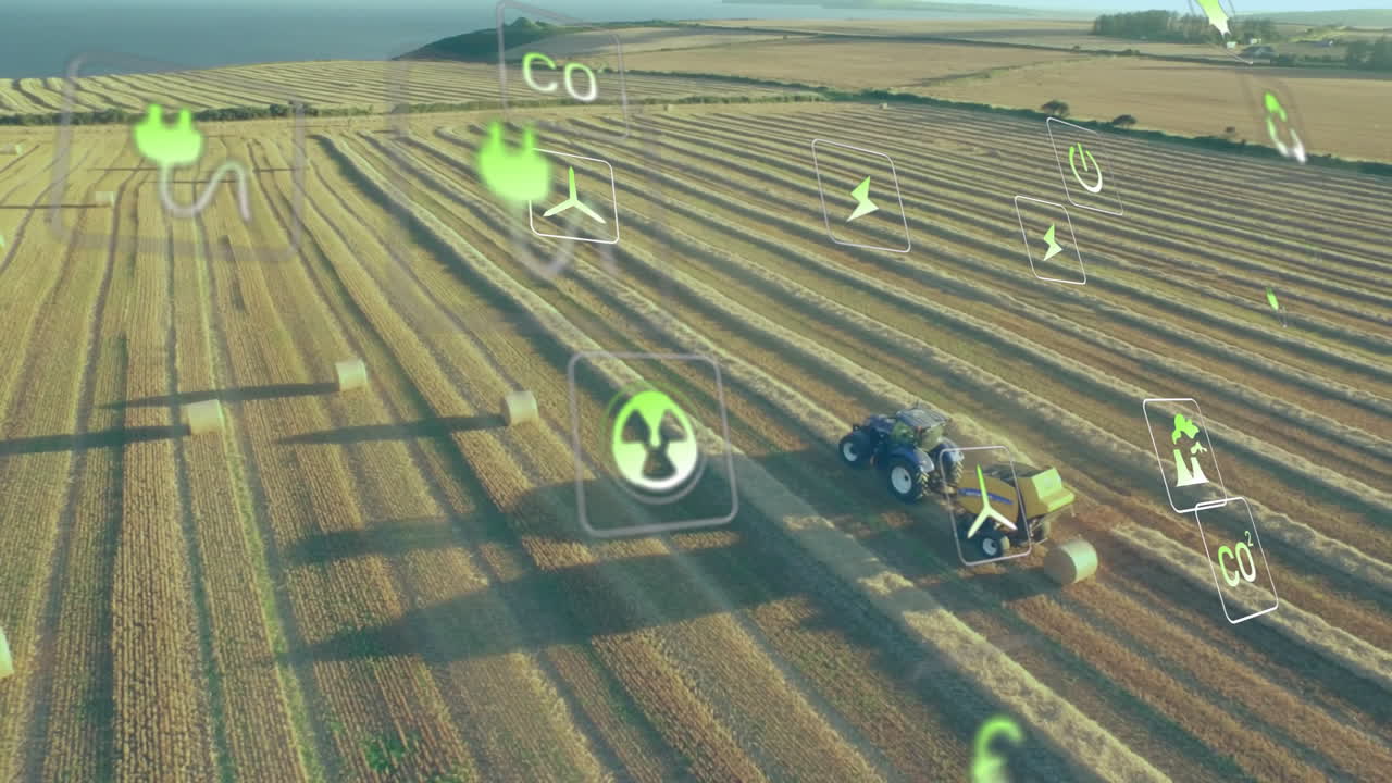 Harvesting hay in field, tractor with animation of environmental icons floating