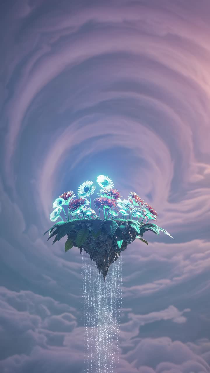 Concepto de video surrealista de flores flotando sobre un cielo en espiral