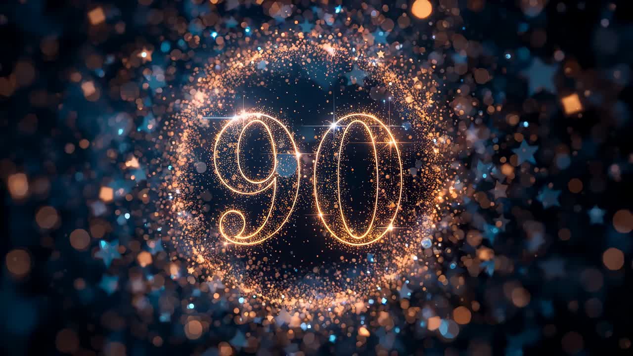 Starting sequence, glowing numerals '90' tracing and pulsing, marking on navy backdrop, halo sparks