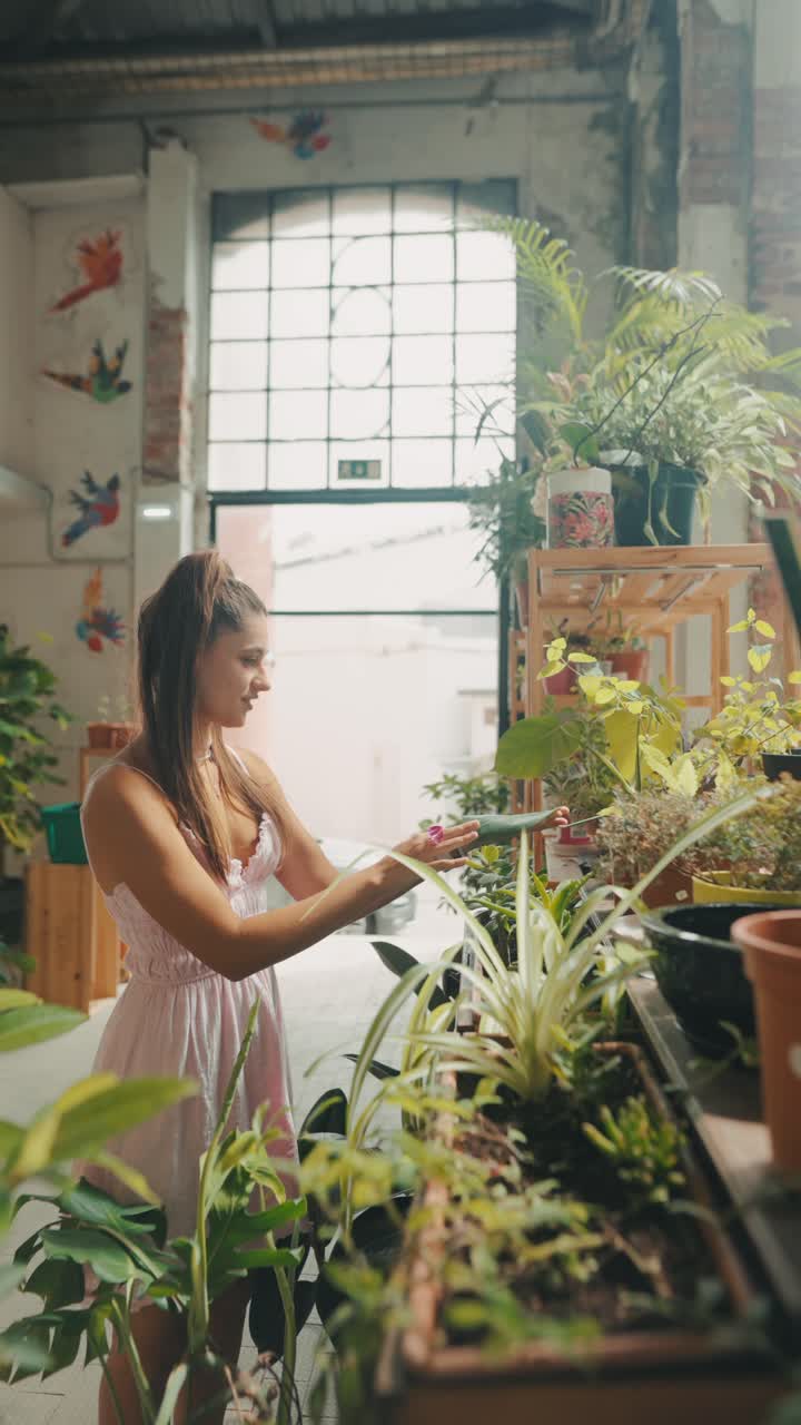 Woman Watering Plants in Indoor Garden
