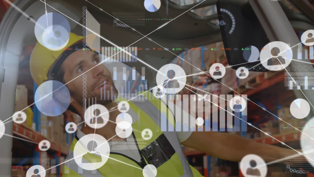 animación de la red de conexiones con iconos sobre el hombre que trabaja en el almacén