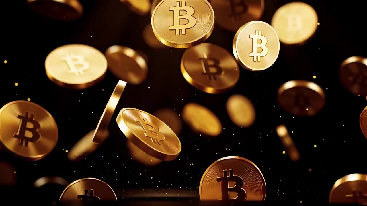 Bitcoin in rotazione su sfondo nero drammatico 4k