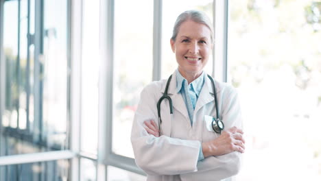 woman, face or arms crossed doctor with hospital