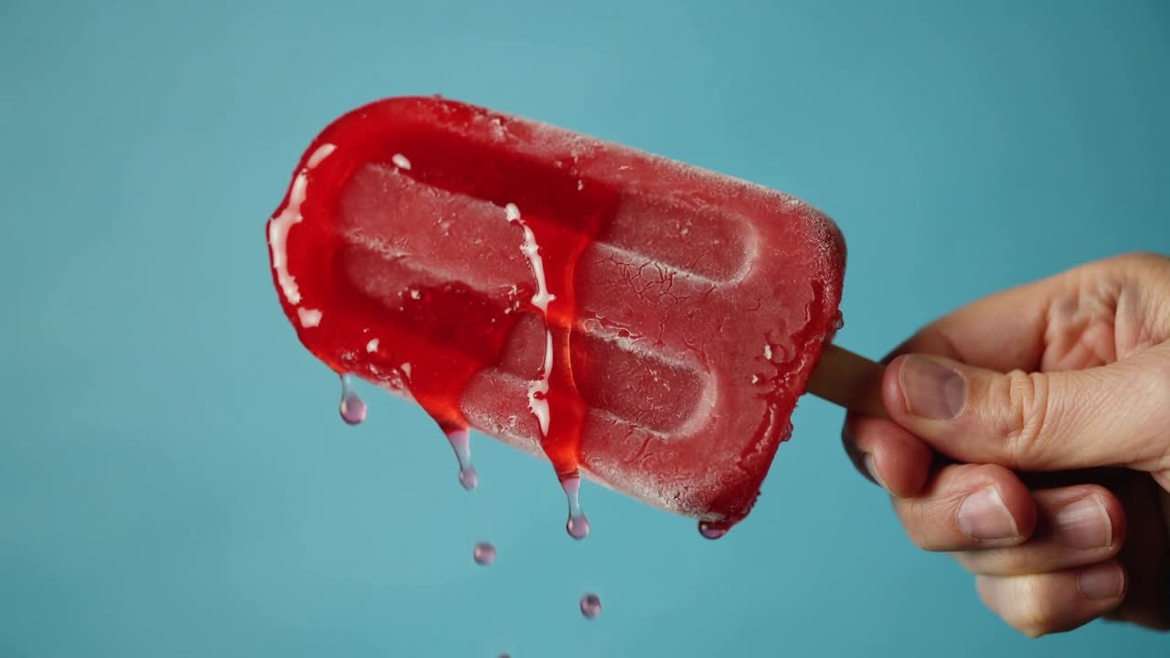 Picolé vermelho derretendo em palito de madeira, formando gotas pelo calor da mão e inclinação, em estúdio ciano.