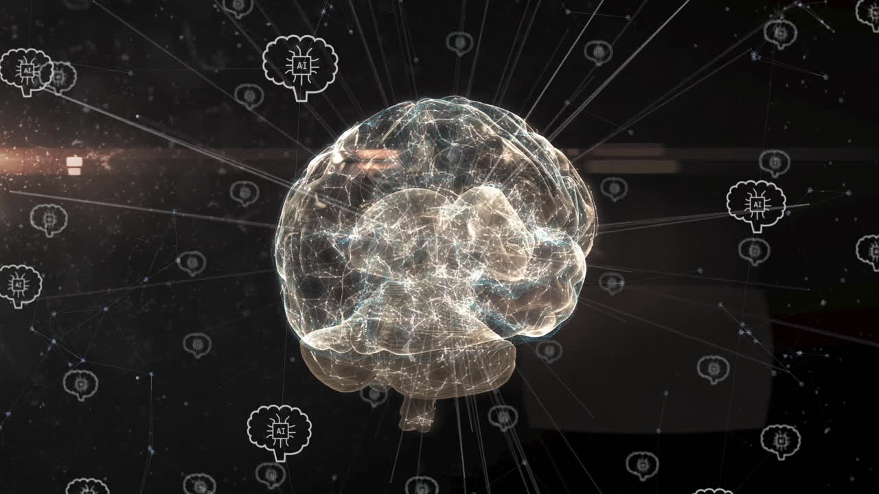 Animazione di una rete di connessioni con cervelli e testi AI su un cervello